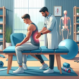 Exploring the role of physical therapy in back pain management.' The image should depict a physical therapist actively en