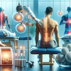 Innovative techniques in physical therapy for back pain relief.' The image should showcase a variety of modern physical t